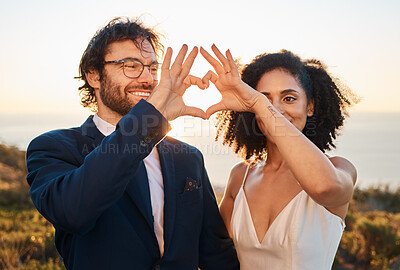 Buy stock photo Heart hand sign, marriage and wedding couple in nature at love, trust and care celebration. Happy, smile and bride and man together outdoor with happiness at a event for romance and save the date