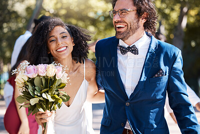 Buy stock photo Wedding, happy couple and walking outdoor for marriage celebration event for bride and groom. Married interracial man and woman at ceremony with trust, partnership and a smile with flower bouquet