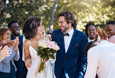 Buy stock photo Celebration, applause and wedding bride and groom with happy, excited and cheerful guests. Interracial love and happiness of couple at marriage event together with clapping and joyful smile.