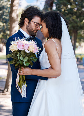Buy stock photo Wedding, couple and marriage outdoor with commitment, trust and love with bride and groom in park. Life partner, married man and black woman with rose bouquet, content and interracial relationship