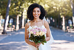 Black woman, wedding and bride portrait with bouquet of roses happy about love celebration. Street, happiness and flowers of a young person smile at marriage commitment event smiling outdoor