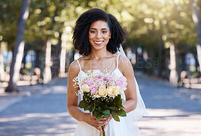 Buy stock photo Black woman, wedding and bride portrait with bouquet of roses happy about love celebration. Street, happiness and flowers of a young person smile at marriage commitment event smiling outdoor