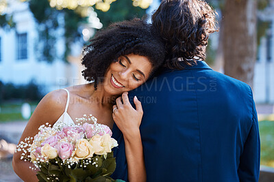 Buy stock photo Wedding, happy bride and couple outdoor for marriage celebration event together with commitment. Married interracial man and woman at ceremony with trust, partnership and a hug with flower bouquet