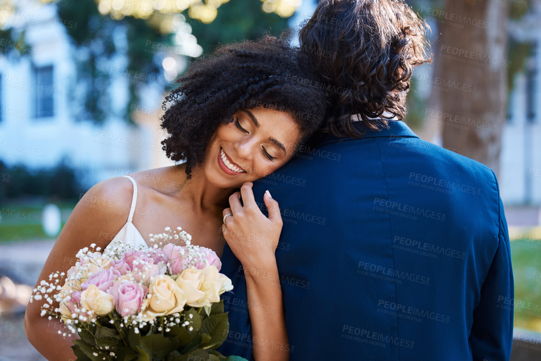 Buy stock photo Wedding, happy bride and couple outdoor for marriage celebration event together with commitment. Married interracial man and woman at ceremony with trust, partnership and a hug with flower bouquet