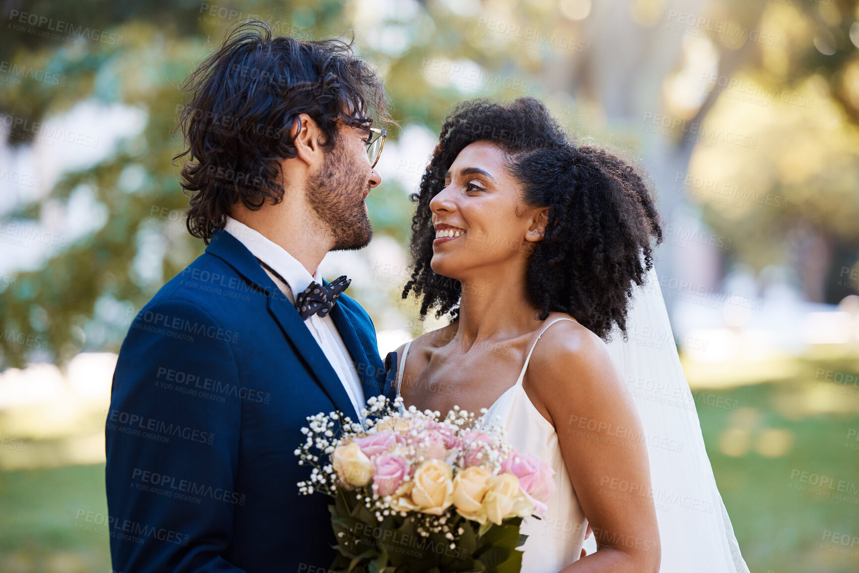 Buy stock photo Wedding, couple and marriage bouquet outdoor in a garden happy about love with flowers. Roses, happiness hug and bride with man embrace at a commitment and care celebration with flower and smile 