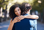 Wedding, couple hug and marriage in park with commitment, trust and love, bride and groom outdoor. Happy, life partner with married man and black woman in portrait, interracial relationship and smile