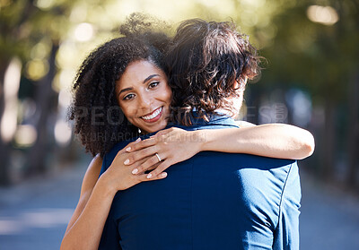 Buy stock photo Wedding, couple hug and marriage in park with commitment, trust and love, bride and groom outdoor. Happy, life partner with married man and black woman in portrait, interracial relationship and smile