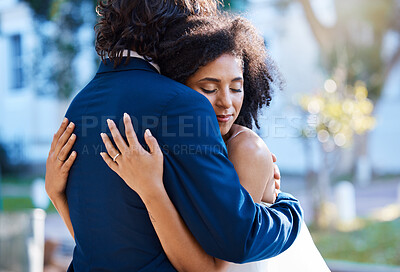 Buy stock photo Couple, hug and love while outdoor for wedding celebration event together with commitment. Happy married man and woman at park with trust, partnership and gratitude for interracial marriage