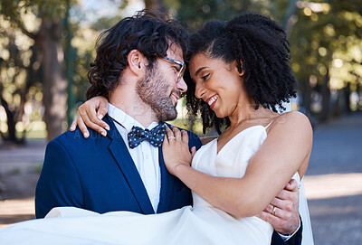 Buy stock photo Wedding, couple and marriage outdoor with love, commitment and trust with bride and groom in park. Happiness, life partner and interracial relationship with black woman and man, hug and married