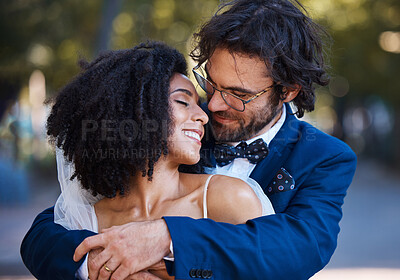 Buy stock photo Wedding, couple hug and marriage outdoor with commitment, trust and love with bride and groom in park. Happiness, life partner with married man and black woman, interracial relationship and smile
