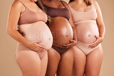 Buy stock photo Pregnant, body and holding stomach in support line, solidarity and community diversity on studio background. Pregnancy friends, women and underwear in belly growth, healthcare wellness or mothers day