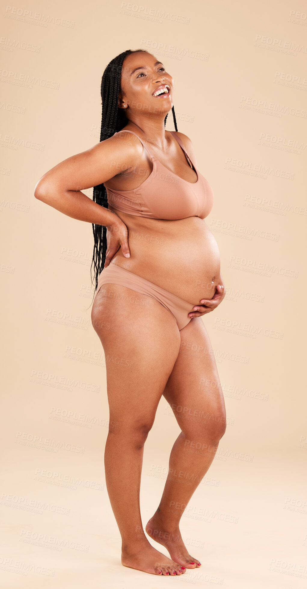 Buy stock photo Pregnancy profile, underwear and studio woman with smile, happy and excited for baby, stomach growth or motherhood. Gynecology maternity care and pregnant African model with healthcare, love and hope