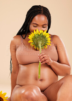 Buy stock photo Pregnant, maternity and black woman smelling sunflower happy for a baby in her tummy isolated in brown studio background. Young, motherhood and mother smiling for pregnancy holding a plant