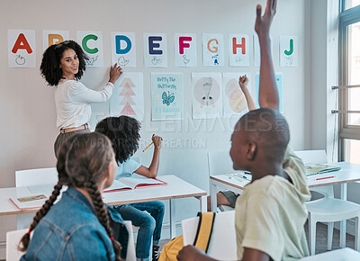Buy stock photo Education, children with question or students hands with exam learning, language teacher assessment or scholarship support. Hand, school or group of kids in classroom for alphabet help or test study