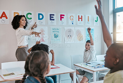 Buy stock photo Diversity, education and teacher with class, question and learning for child development, growth and smile. Black woman, educator and children with answers, prepare for test, exam and conversation