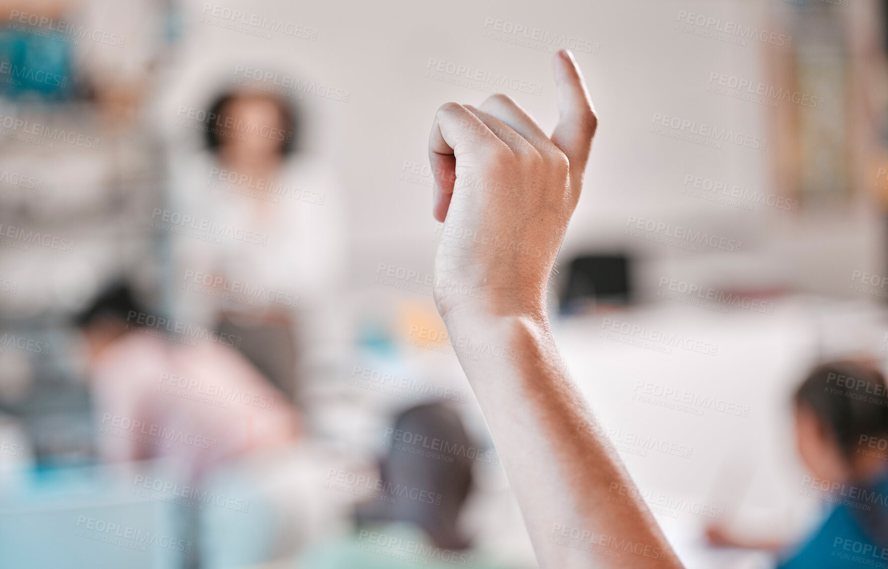 Buy stock photo Education, hand or students with questions in classroom or library for learning development or growth. Hands up, zoom or children listening to teacher asking kids for feedback on fun books at school