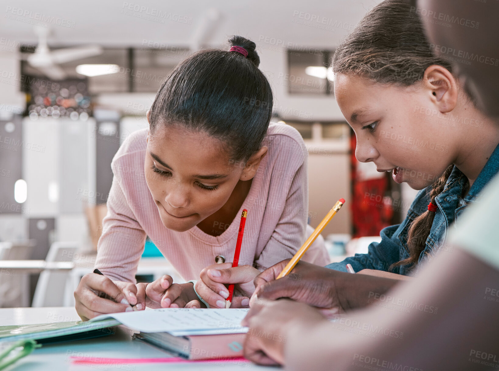 Buy stock photo Kids, students and group writing in classroom for learning activity and education together with stationery. Young children working on literacy and academic exercises for development at school desk.

