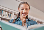 Books, library or happy student reading a fun story for knowledge or development for learning growth. Scholarship, education or excited young high school girl smiles with pride studying information  