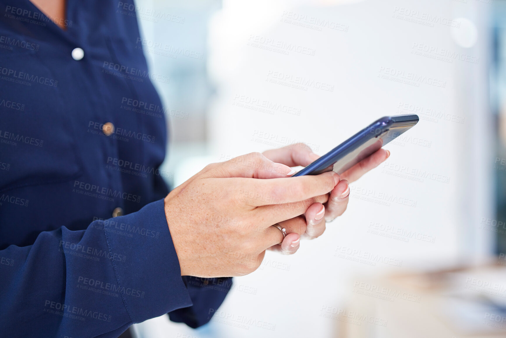 Buy stock photo Closeup, business and woman with smartphone, fintech and typing for social media, connection and communication. Zoom, female and cellphone for online reading, searching website and internet research