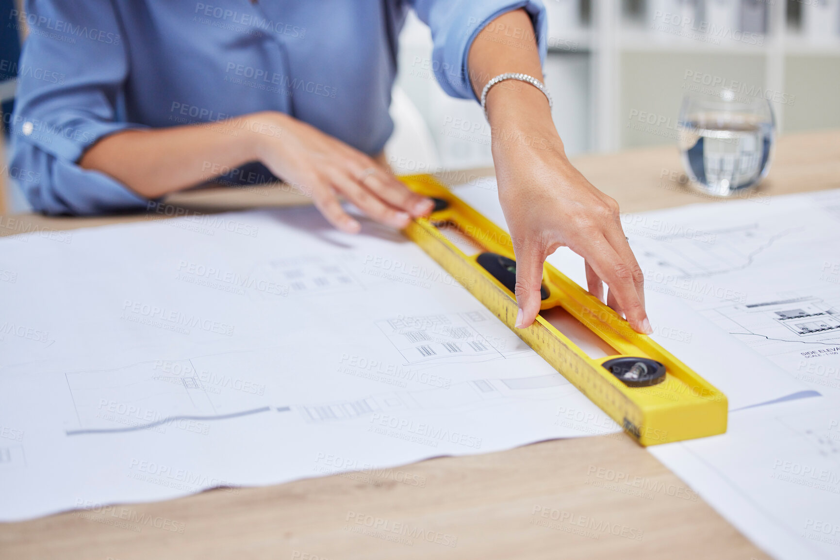 Buy stock photo Architect, woman and blueprint with hands of an engineer drawing plan on paper for property development. Designer at her office desk for project management, building architecture and engineering