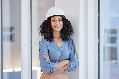 Buy stock photo Woman architect, portrait and business construction industry leader with success in a office. Proud, smile and happiness of a architectural engineer company employee ready for safety project work 