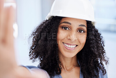 Buy stock photo Selfie, woman and portrait for architecture, engineering and construction for project management. Happy female worker, builder and photo with hardhat, industrial designer and smile face of contractor
