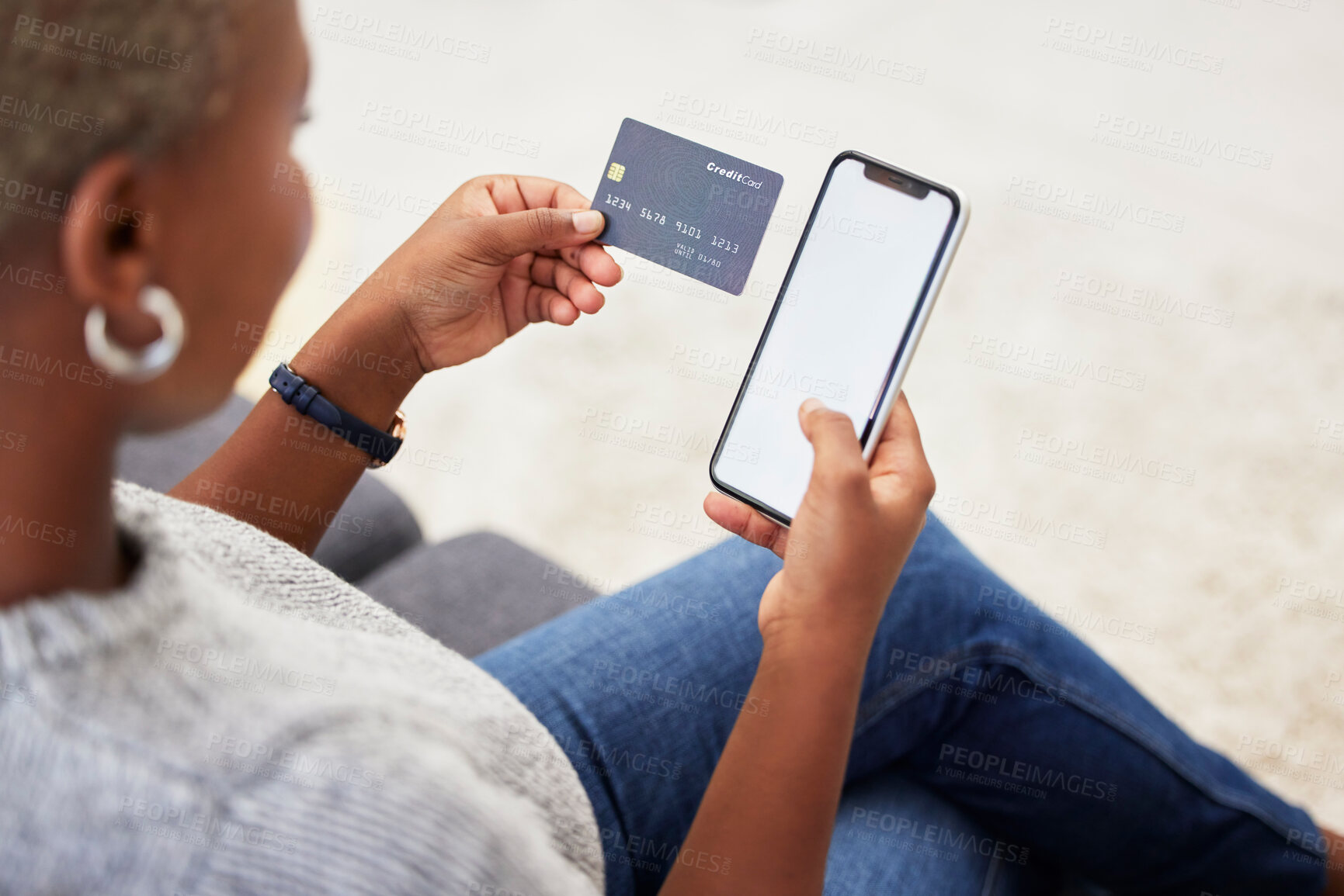 Buy stock photo Online shopping, mockup phone and black woman with credit card for digital bank payment, fintech or finance sale. Mock up white screen, e commerce and customer search retail product on store website