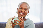 Black woman, relax and sofa with drink, coffee and smile in home living room for me time. Young African lady, peace or tea on couch for happiness, self care and chilling in house, apartment or room