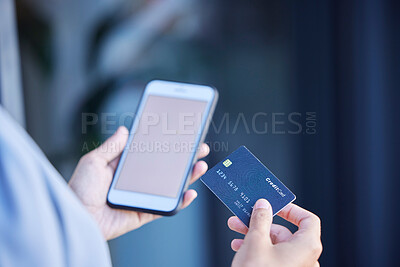 Buy stock photo Credit card, woman hands and mobile phone for ecommerce payment, fintech money and online shopping. Closeup customer, cellphone banking and digital finance of mockup, internet or financial technology