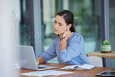 Buy stock photo Stress, neck pain and business woman on laptop at office desk with joint injury risk. Tired worker, burnout and body fatigue while working on computer with anxiety, muscle problem or poor posture 