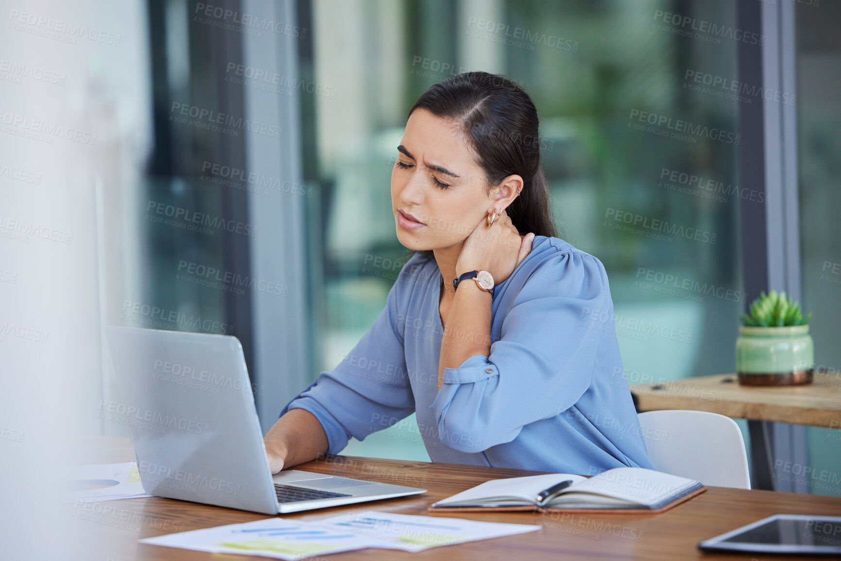 Buy stock photo Stress, neck pain and business woman on laptop at office desk with joint injury risk. Tired worker, burnout and body fatigue while working on computer with anxiety, muscle problem or poor posture 