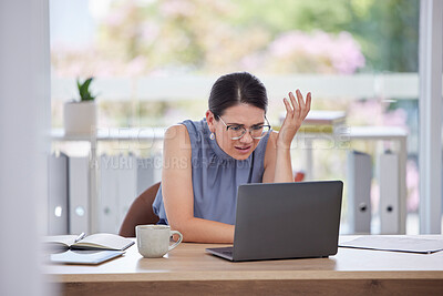 Buy stock photo Stress, error and woman with glitch on laptop in office frustrated, upset and confused from 404 report. Technology, cyber security and girl worker with digital hacker, spam and scam problem in office