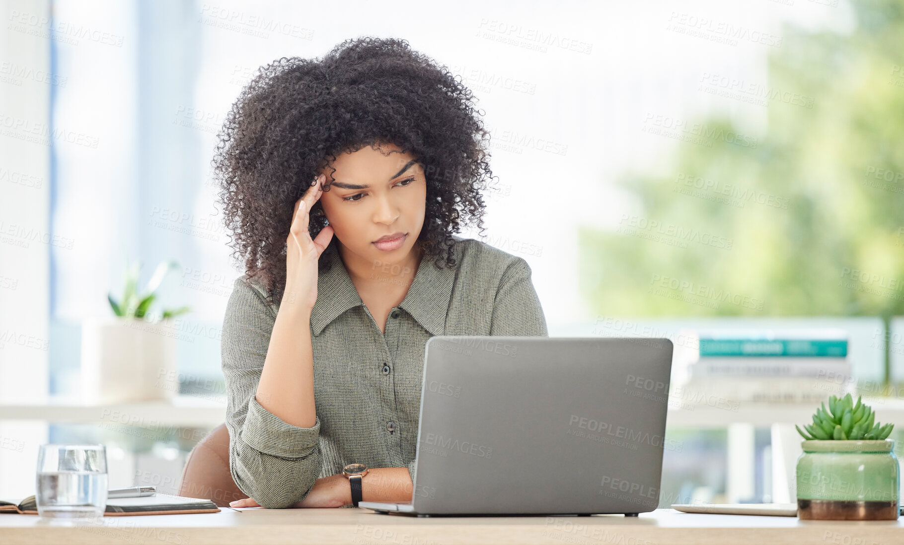 Buy stock photo Office laptop, burnout and black woman reading feedback review of social media, customer experience or ecommerce website. Mental health, headache and employee tired from analysis of online survey