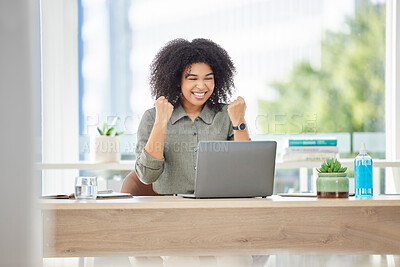 Buy stock photo Success, winning and black woman with laptop in office reading email with news of bonus, promotion or deal announcement. Happy, sales target prize and winner employee celebrating on office with smile