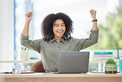 Buy stock photo Wow, success and excited black woman with laptop reading  email with news of bonus, promotion or winning announcement. Happy, sales target prize and winner employee celebrating on office with smile.