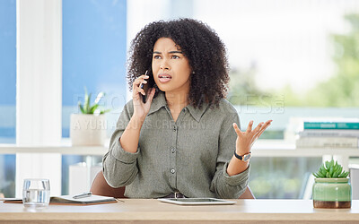 Buy stock photo Business, phone call and black woman angry, frustrated and disappointed with project deadline, stress and schedule. Corporate, African American female employee and leader with smartphone and upset