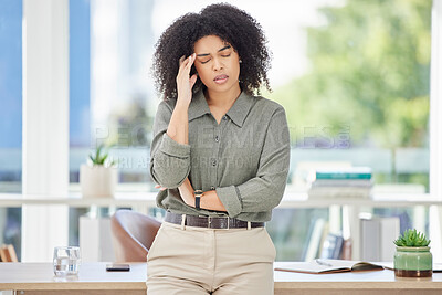 Buy stock photo Mental health, headache and office burnout for black woman with career stress over mistake, crisis or stock market crash. Financial problem, depression and sad business employee with migraine pain