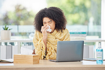 Buy stock photo Sick, laptop and blowing nose with a business back woman using a tissue while working in her office. Computer, covid and sneezing with a young female employee wrapped in a blanket while ill at work