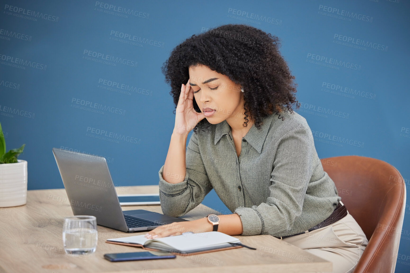 Buy stock photo Business, laptop and black woman with headache, stress and burnout in office, overworked and deadline. Corporate, African American female employee and tired leader with pain, depression or frustrated