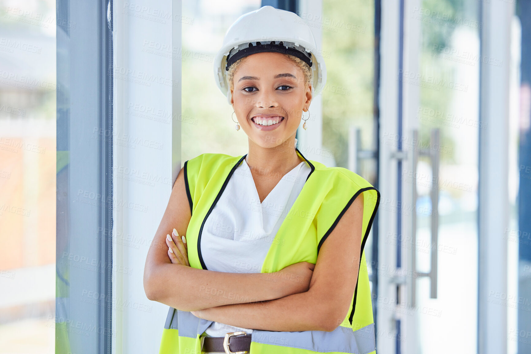 Buy stock photo Portrait, construction worker or black woman in architecture for career vision, leadership and goals. Proud, happy and safety of an engineering person, manager or boss with office building mission