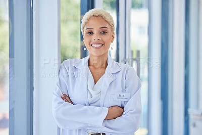 Buy stock photo Happy, smile and portrait of scientist in office for science report, research or project in lab. Success, proud and professional female biologist from Brazil standing with crossed arms in laboratory.