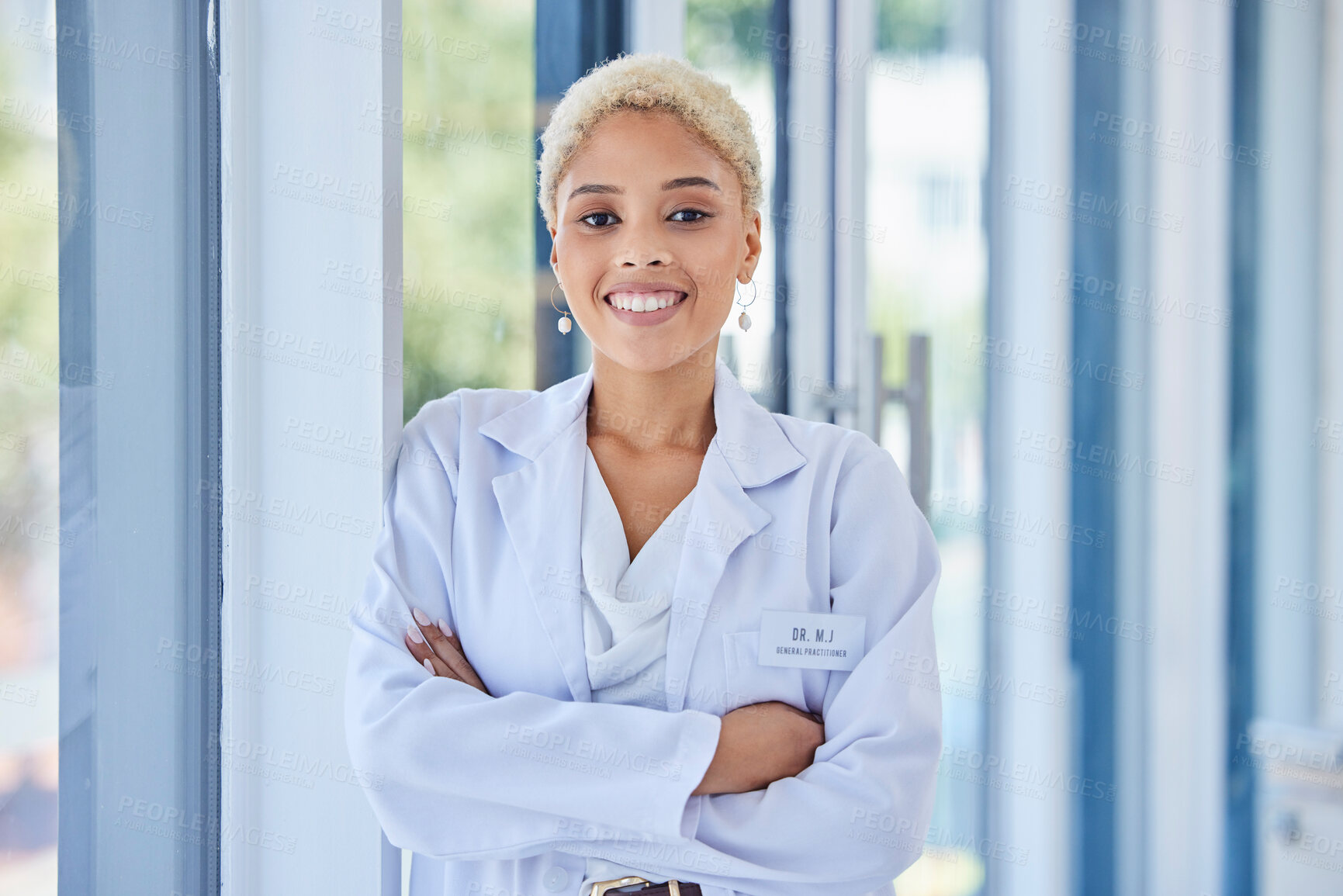 Buy stock photo Happy, smile and portrait of scientist in office for science report, research or project in lab. Success, proud and professional female biologist from Brazil standing with crossed arms in laboratory.