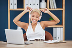 Happy, dance and woman with music from a laptop, listening to the radio and audio in an office. Podcast, playful and dancing employee streaming a sound playlist on a pc with a smile while working