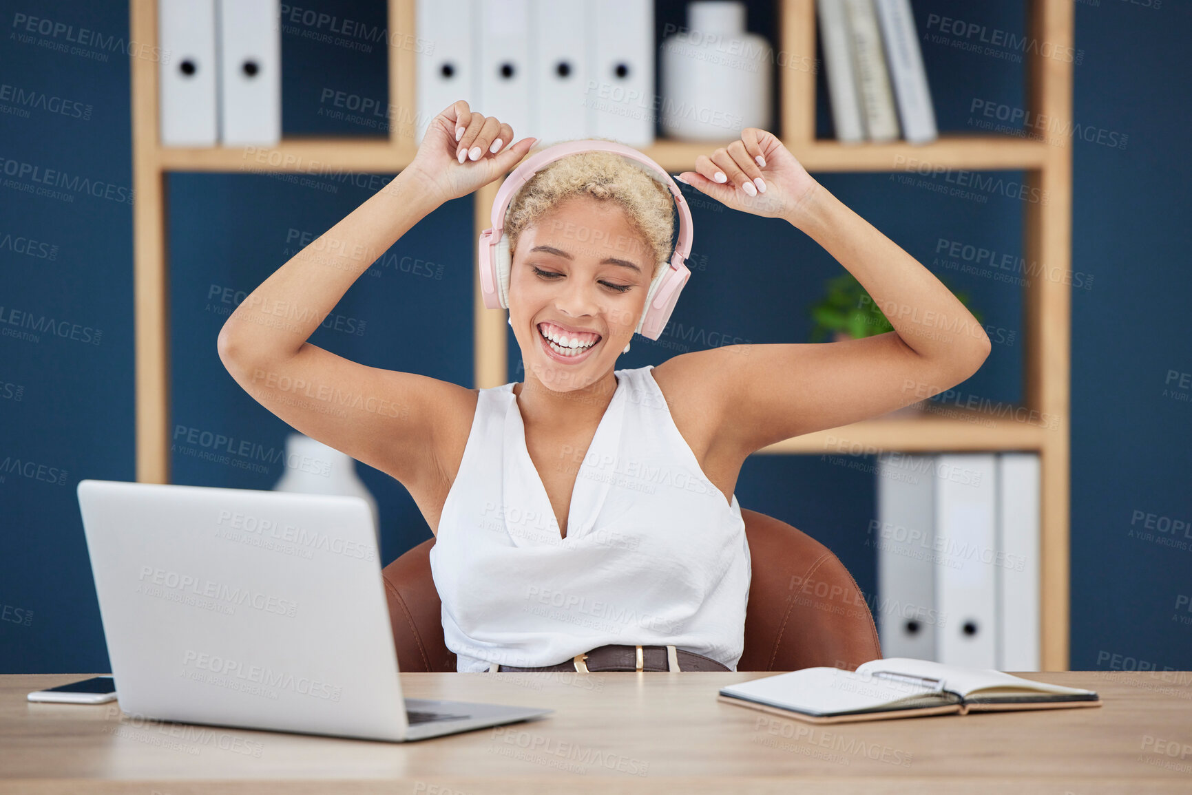 Buy stock photo Happy, dance and woman with music from a laptop, listening to the radio and audio in an office. Podcast, playful and dancing employee streaming a sound playlist on a pc with a smile while working