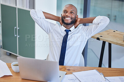 Buy stock photo Business laptop, black man and relax in office after finishing project or complete task. Break, thinking or male worker resting after hard work, writing email or planning finance strategy in company