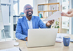 Paper, black man and business computer with accounting worker getting tax return contract. Documents, agenda and finance stock market research of a employee happy about data analytics paperwork 