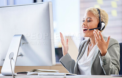 Buy stock photo Black woman, telemarketing and happy hands in call center office for crm contact us and customer support helpline. African girl, smile and excited networking consultant or advisor happiness in agency