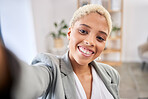 Selfie, business and black woman with achievement, office and smile for new project. Portrait, African American female employee and entrepreneur with leadership skills and happiness in workplace