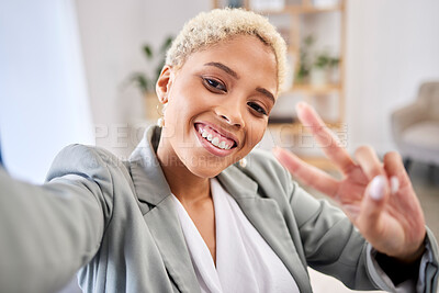 Buy stock photo Selfie, portrait and businesswoman with peace hands, smile and emoji for social media profile picture. Happy worker, v sign and taking photo on video call for corporate connection, happiness and face