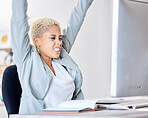 Winner, success and motivation with a business black woman cheering while working in an office. Wow, winning and celebration with a female employee sitting arms raised after reaching a target or goal